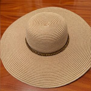 A New Day Beige Wide Brim Straw Sun Hat with Bead Band